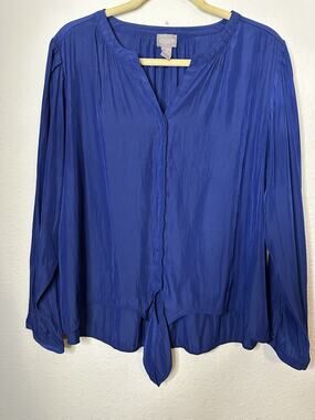 EUC Chico’s Navy Tie Front Button Up Blouse Women’s XL V Neck Relaxed Casual